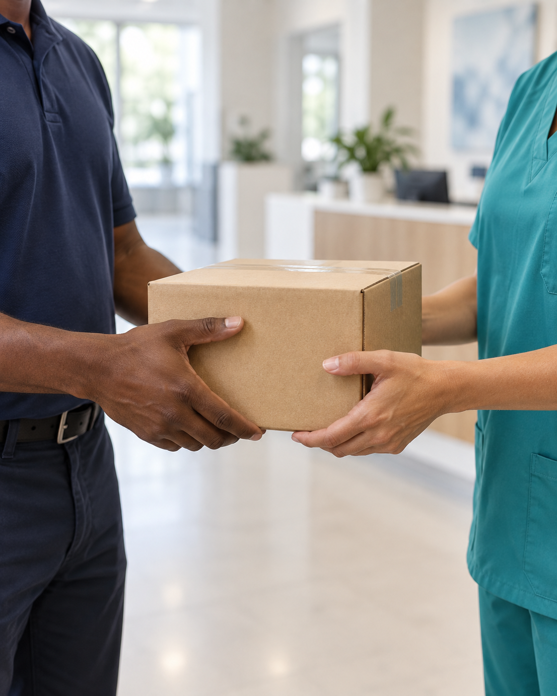 Illustration of a courier carefully handing a sealed supply parcel to a healthcare professional